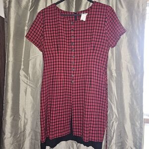 Red Plaid Button-Down Dress With Tie Waist